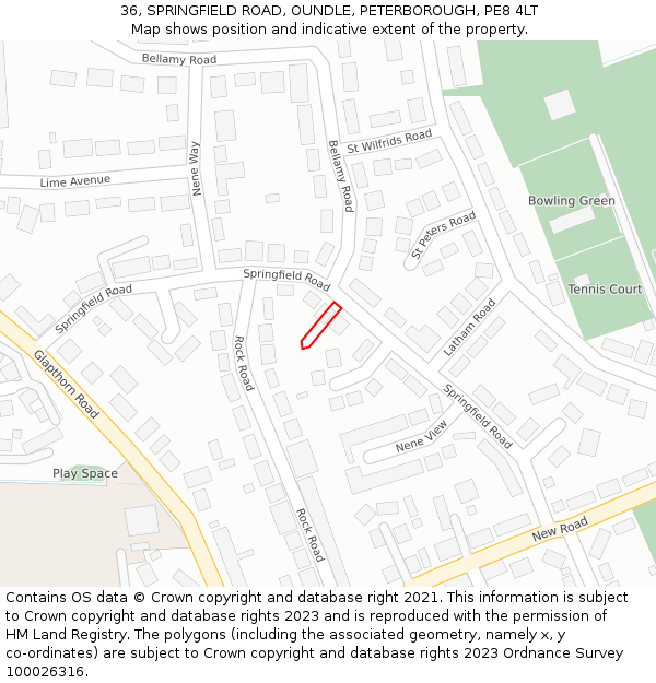 36, SPRINGFIELD ROAD, OUNDLE, PETERBOROUGH, PE8 4LT: Location map and indicative extent of plot