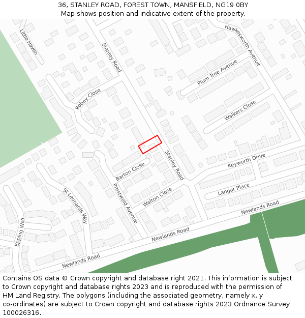 36, STANLEY ROAD, FOREST TOWN, MANSFIELD, NG19 0BY: Location map and indicative extent of plot