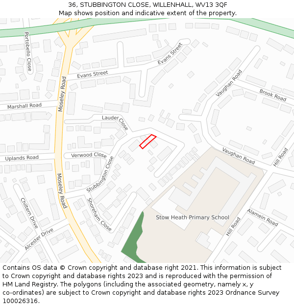 36, STUBBINGTON CLOSE, WILLENHALL, WV13 3QF: Location map and indicative extent of plot