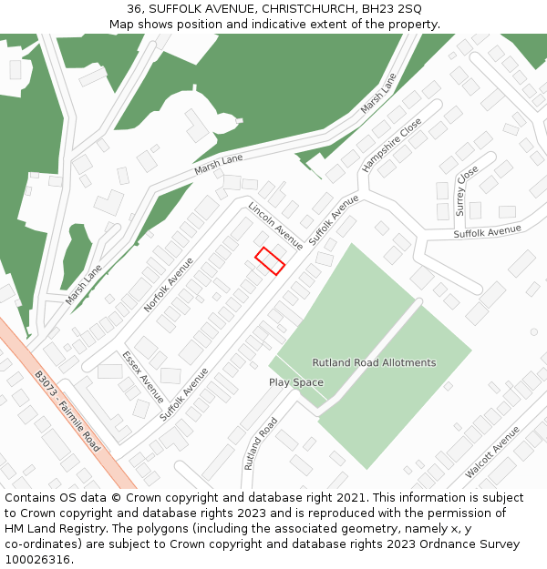 36, SUFFOLK AVENUE, CHRISTCHURCH, BH23 2SQ: Location map and indicative extent of plot