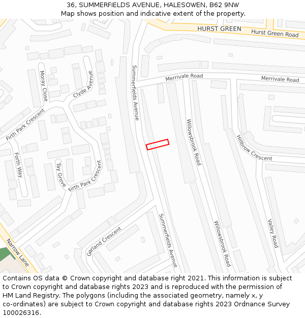 36, SUMMERFIELDS AVENUE, HALESOWEN, B62 9NW: Location map and indicative extent of plot