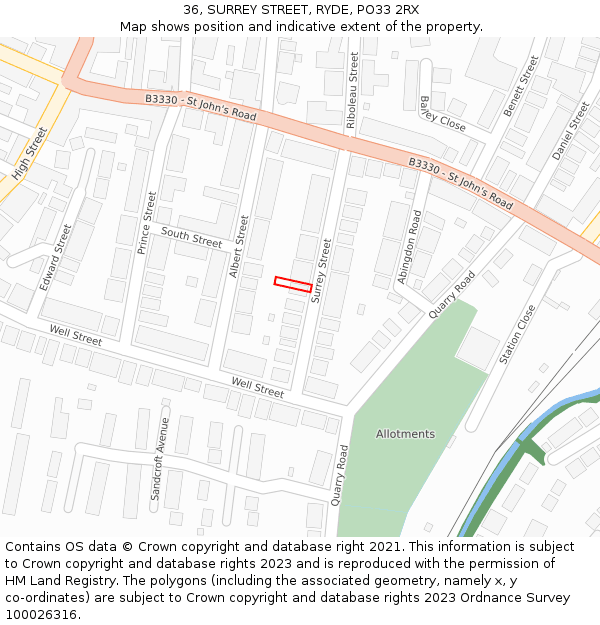 36, SURREY STREET, RYDE, PO33 2RX: Location map and indicative extent of plot