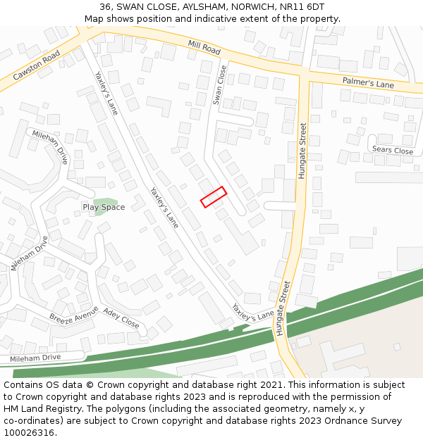 36, SWAN CLOSE, AYLSHAM, NORWICH, NR11 6DT: Location map and indicative extent of plot