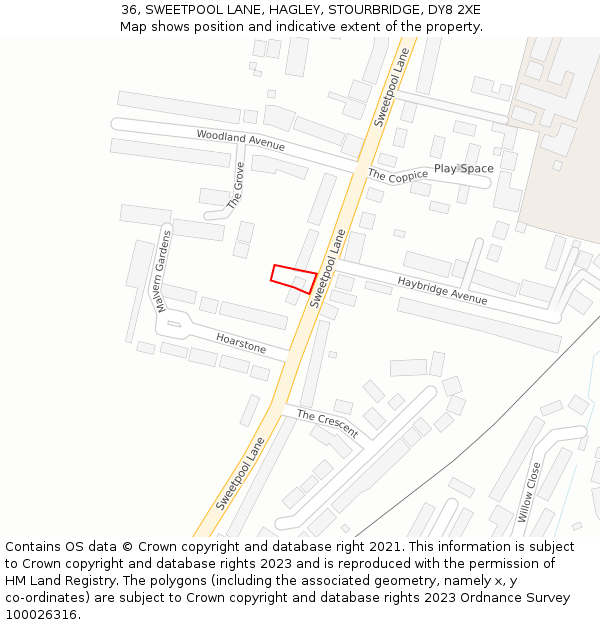 36, SWEETPOOL LANE, HAGLEY, STOURBRIDGE, DY8 2XE: Location map and indicative extent of plot