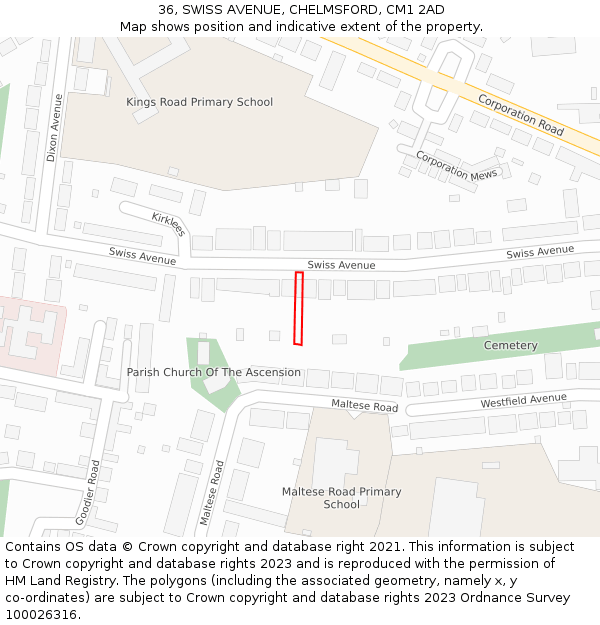 36, SWISS AVENUE, CHELMSFORD, CM1 2AD: Location map and indicative extent of plot