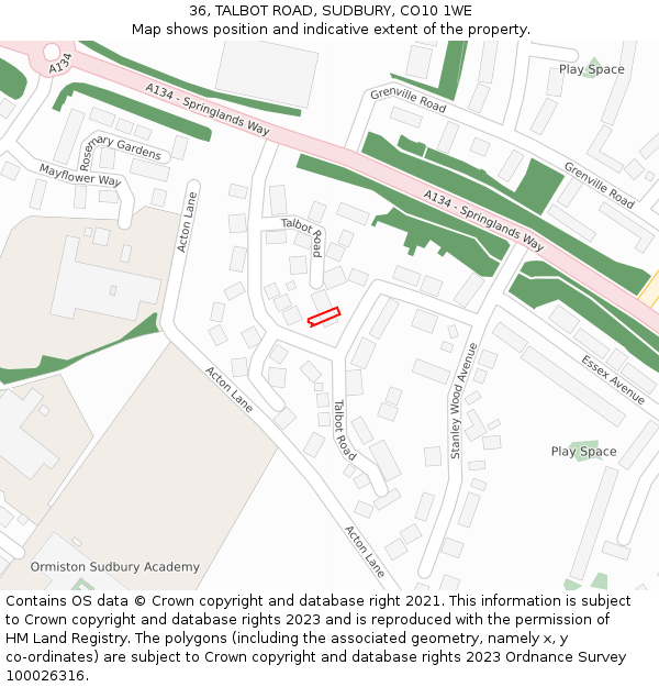 36, TALBOT ROAD, SUDBURY, CO10 1WE: Location map and indicative extent of plot