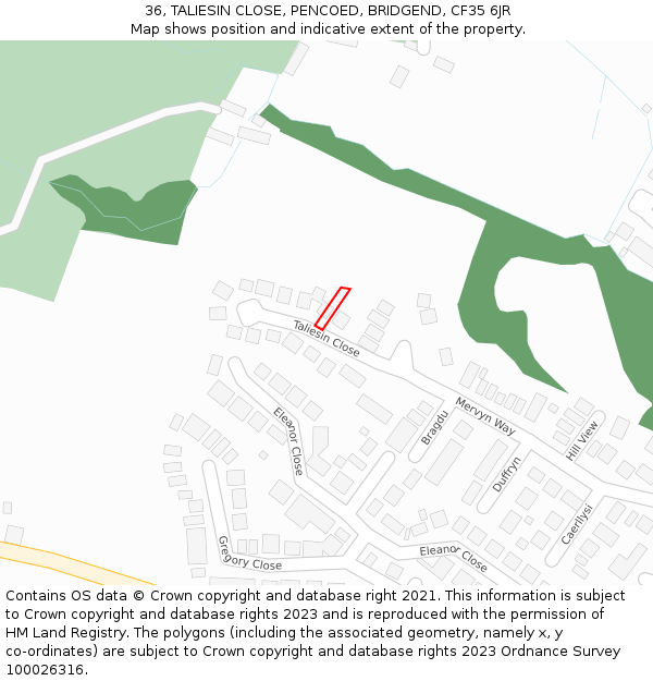36, TALIESIN CLOSE, PENCOED, BRIDGEND, CF35 6JR: Location map and indicative extent of plot