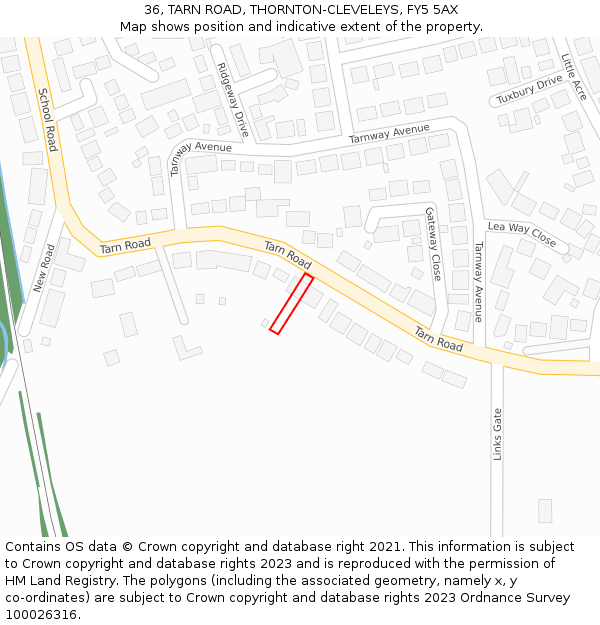 36, TARN ROAD, THORNTON-CLEVELEYS, FY5 5AX: Location map and indicative extent of plot