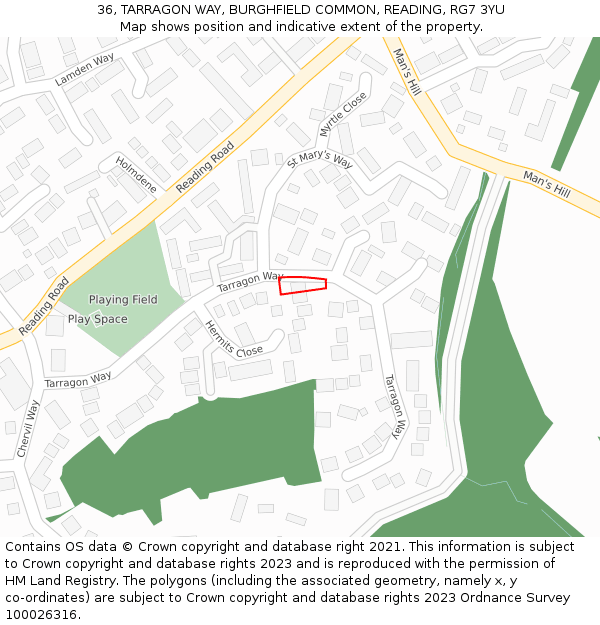 36, TARRAGON WAY, BURGHFIELD COMMON, READING, RG7 3YU: Location map and indicative extent of plot