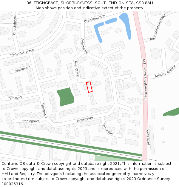 36, TEIGNGRACE, SHOEBURYNESS, SOUTHEND-ON-SEA, SS3 8AH: Location map and indicative extent of plot
