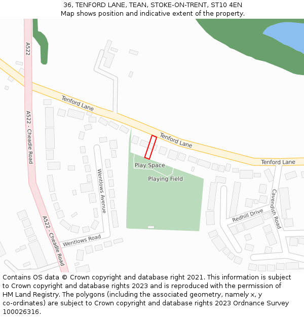 36, TENFORD LANE, TEAN, STOKE-ON-TRENT, ST10 4EN: Location map and indicative extent of plot