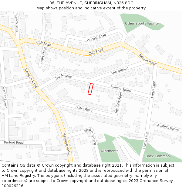 36, THE AVENUE, SHERINGHAM, NR26 8DG: Location map and indicative extent of plot