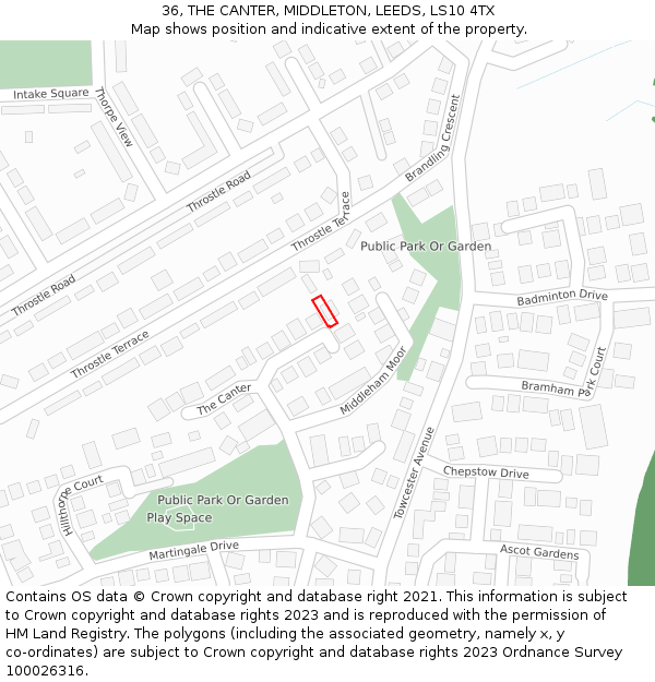 36, THE CANTER, MIDDLETON, LEEDS, LS10 4TX: Location map and indicative extent of plot