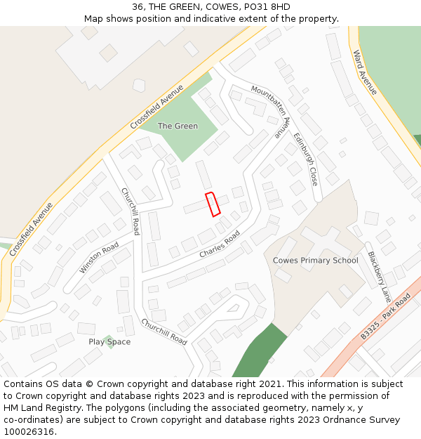 36, THE GREEN, COWES, PO31 8HD: Location map and indicative extent of plot