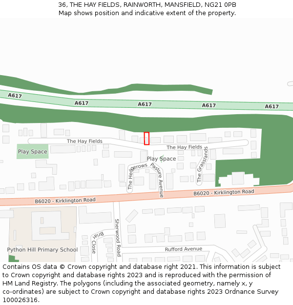 36, THE HAY FIELDS, RAINWORTH, MANSFIELD, NG21 0PB: Location map and indicative extent of plot