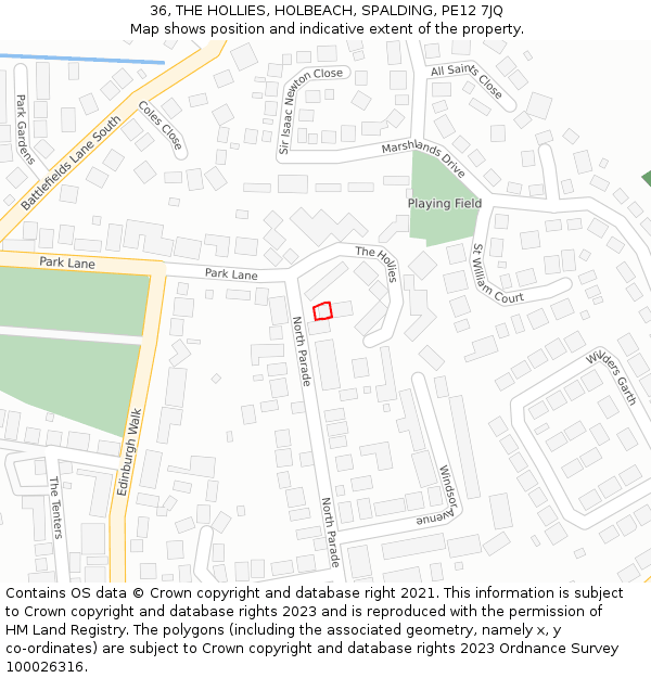 36, THE HOLLIES, HOLBEACH, SPALDING, PE12 7JQ: Location map and indicative extent of plot