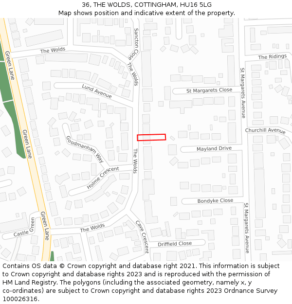 36, THE WOLDS, COTTINGHAM, HU16 5LG: Location map and indicative extent of plot