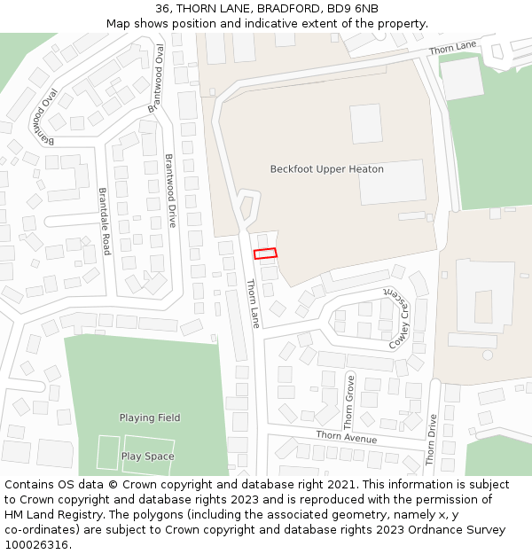 36, THORN LANE, BRADFORD, BD9 6NB: Location map and indicative extent of plot