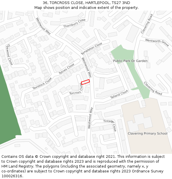 36, TORCROSS CLOSE, HARTLEPOOL, TS27 3ND: Location map and indicative extent of plot