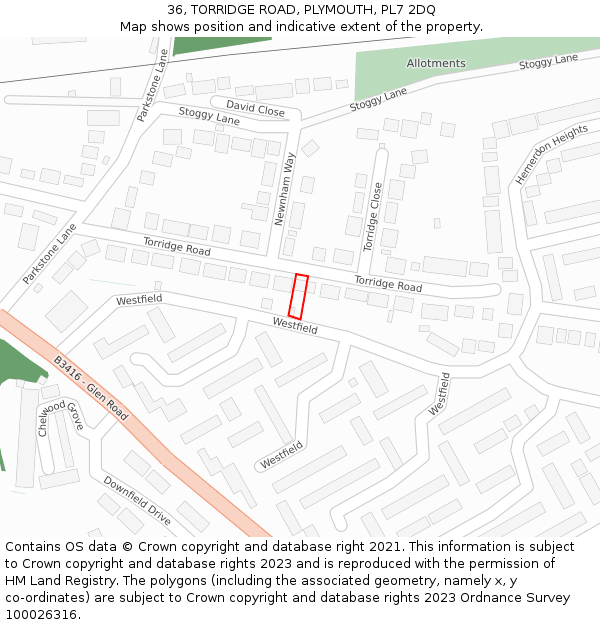 36, TORRIDGE ROAD, PLYMOUTH, PL7 2DQ: Location map and indicative extent of plot
