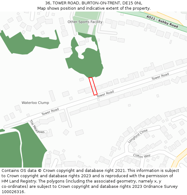 36, TOWER ROAD, BURTON-ON-TRENT, DE15 0NL: Location map and indicative extent of plot