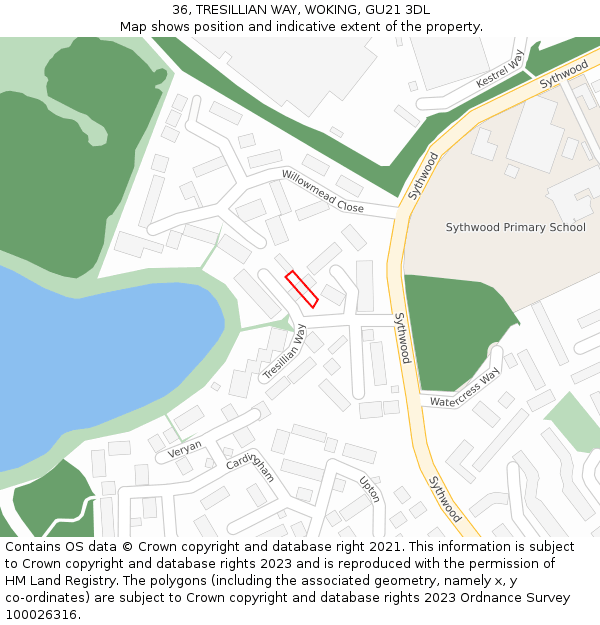 36, TRESILLIAN WAY, WOKING, GU21 3DL: Location map and indicative extent of plot
