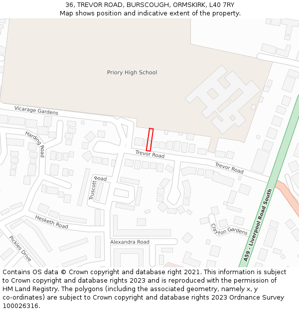 36, TREVOR ROAD, BURSCOUGH, ORMSKIRK, L40 7RY: Location map and indicative extent of plot