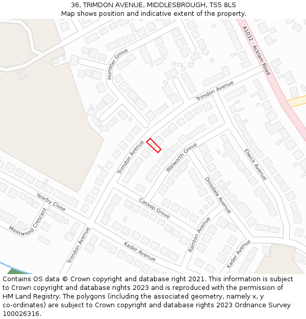36, TRIMDON AVENUE, MIDDLESBROUGH, TS5 8LS: Location map and indicative extent of plot