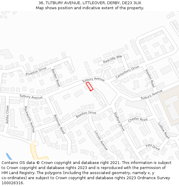 36, TUTBURY AVENUE, LITTLEOVER, DERBY, DE23 3UX: Location map and indicative extent of plot