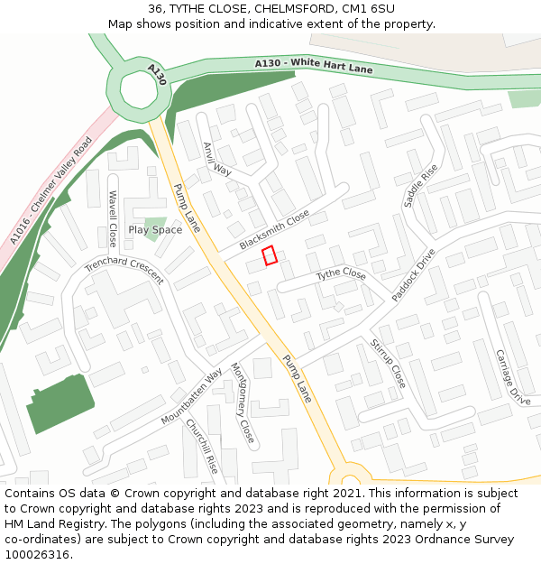 36, TYTHE CLOSE, CHELMSFORD, CM1 6SU: Location map and indicative extent of plot