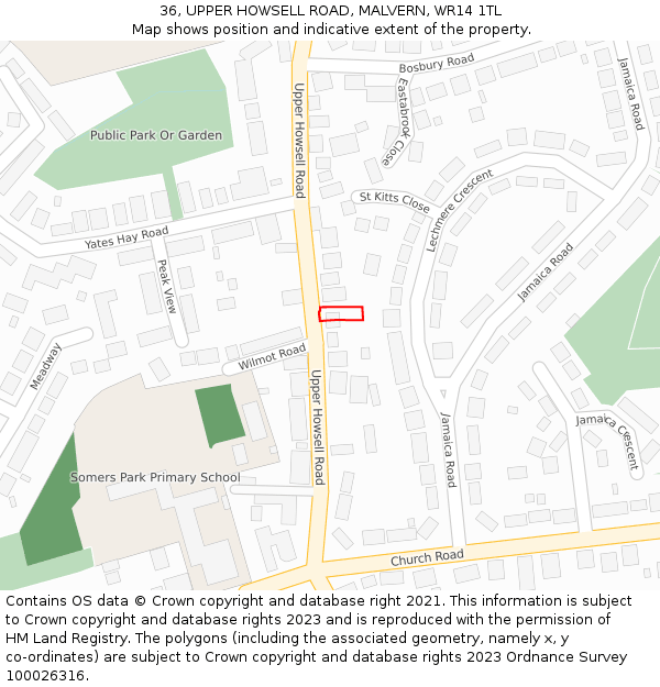 36, UPPER HOWSELL ROAD, MALVERN, WR14 1TL: Location map and indicative extent of plot