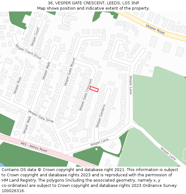 36, VESPER GATE CRESCENT, LEEDS, LS5 3NP: Location map and indicative extent of plot