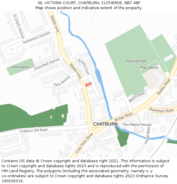 36, VICTORIA COURT, CHATBURN, CLITHEROE, BB7 4BF: Location map and indicative extent of plot