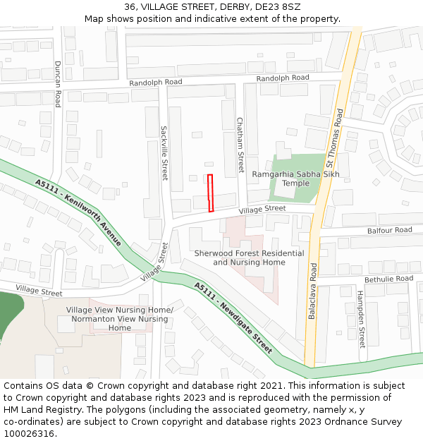 36, VILLAGE STREET, DERBY, DE23 8SZ: Location map and indicative extent of plot