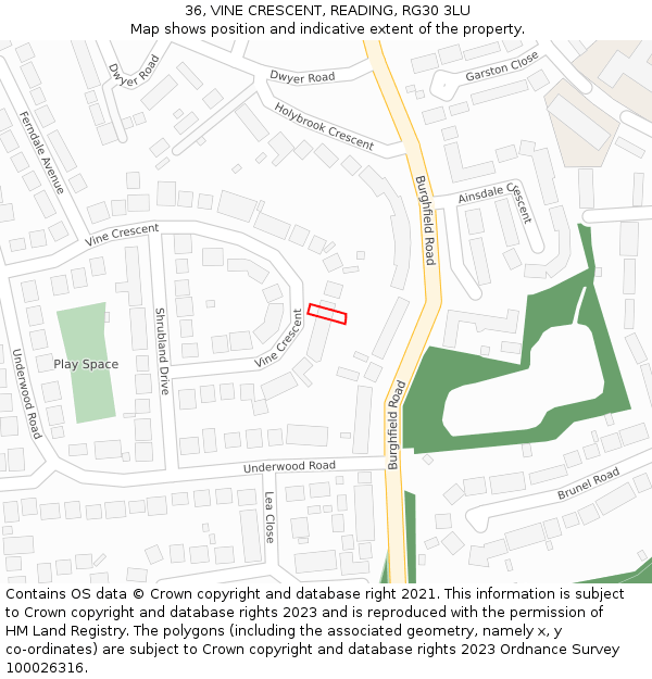36, VINE CRESCENT, READING, RG30 3LU: Location map and indicative extent of plot