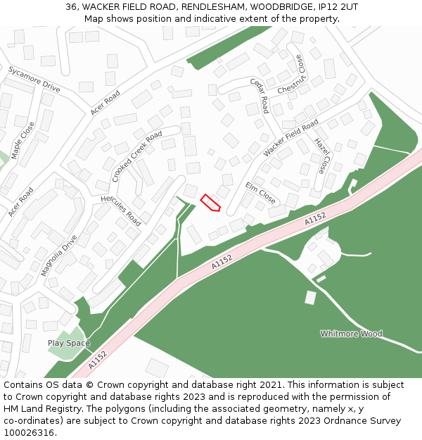 36, WACKER FIELD ROAD, RENDLESHAM, WOODBRIDGE, IP12 2UT: Location map and indicative extent of plot