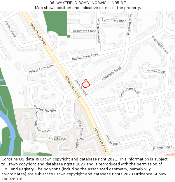 36, WAKEFIELD ROAD, NORWICH, NR5 8JE: Location map and indicative extent of plot