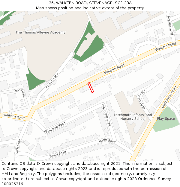 36, WALKERN ROAD, STEVENAGE, SG1 3RA: Location map and indicative extent of plot