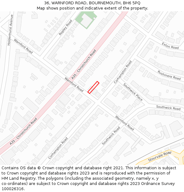 36, WARNFORD ROAD, BOURNEMOUTH, BH6 5PQ: Location map and indicative extent of plot