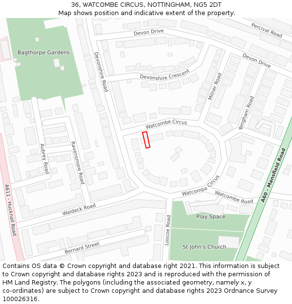 36, WATCOMBE CIRCUS, NOTTINGHAM, NG5 2DT: Location map and indicative extent of plot