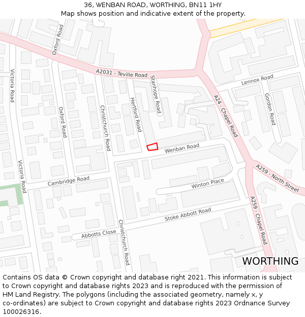 36, WENBAN ROAD, WORTHING, BN11 1HY: Location map and indicative extent of plot
