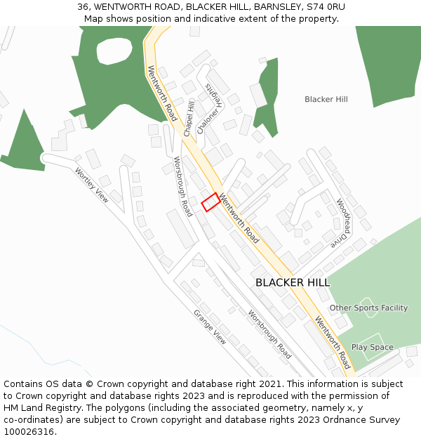 36, WENTWORTH ROAD, BLACKER HILL, BARNSLEY, S74 0RU: Location map and indicative extent of plot