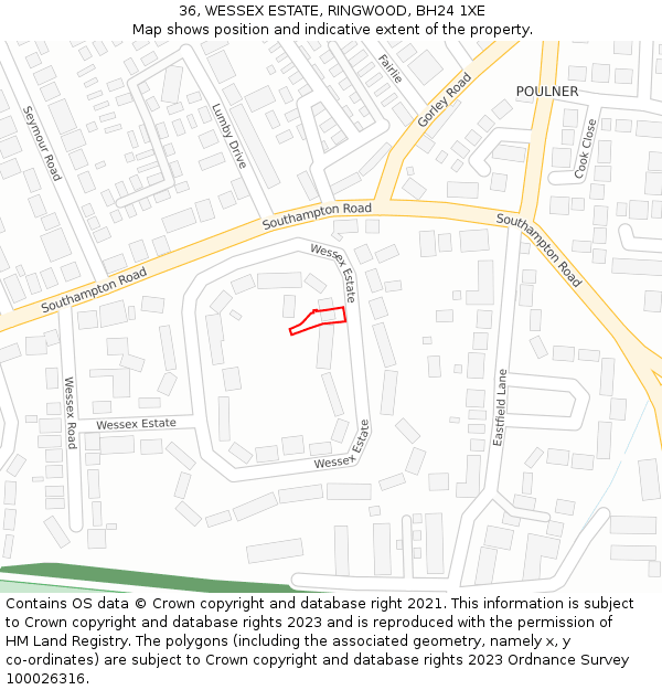 36, WESSEX ESTATE, RINGWOOD, BH24 1XE: Location map and indicative extent of plot