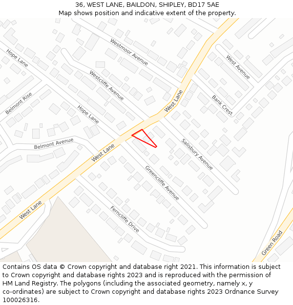 36, WEST LANE, BAILDON, SHIPLEY, BD17 5AE: Location map and indicative extent of plot