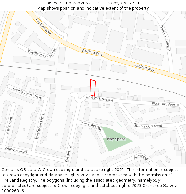 36, WEST PARK AVENUE, BILLERICAY, CM12 9EF: Location map and indicative extent of plot
