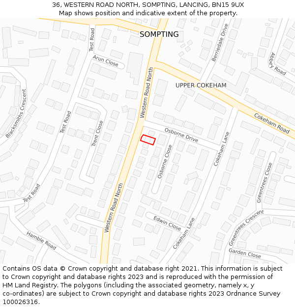 36, WESTERN ROAD NORTH, SOMPTING, LANCING, BN15 9UX: Location map and indicative extent of plot