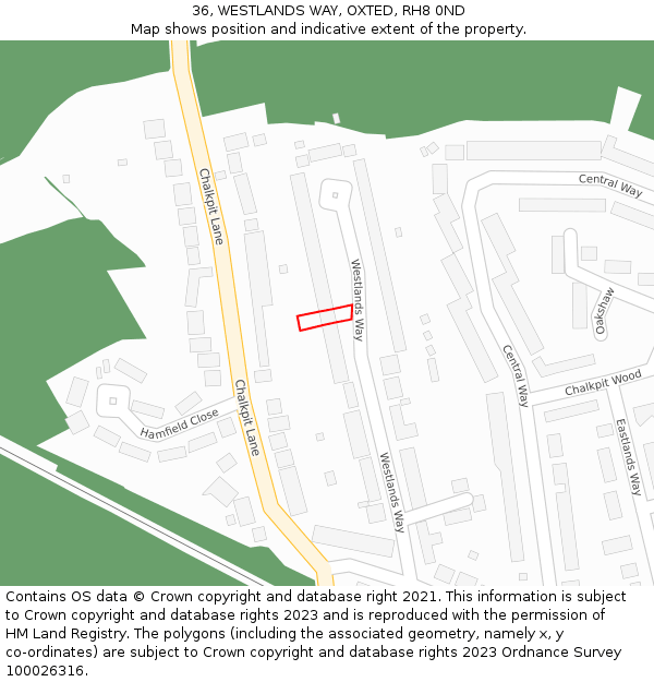 36, WESTLANDS WAY, OXTED, RH8 0ND: Location map and indicative extent of plot