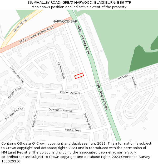 36, WHALLEY ROAD, GREAT HARWOOD, BLACKBURN, BB6 7TF: Location map and indicative extent of plot