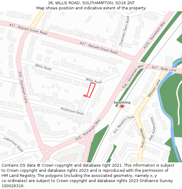 36, WILLIS ROAD, SOUTHAMPTON, SO16 2NT: Location map and indicative extent of plot
