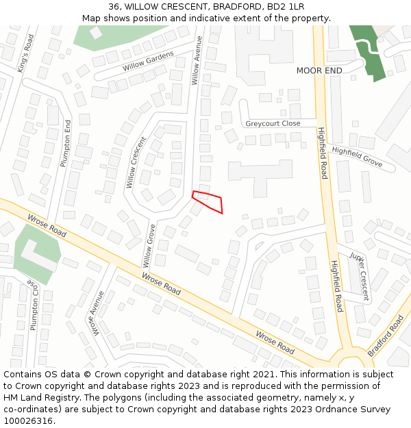 36, WILLOW CRESCENT, BRADFORD, BD2 1LR: Location map and indicative extent of plot